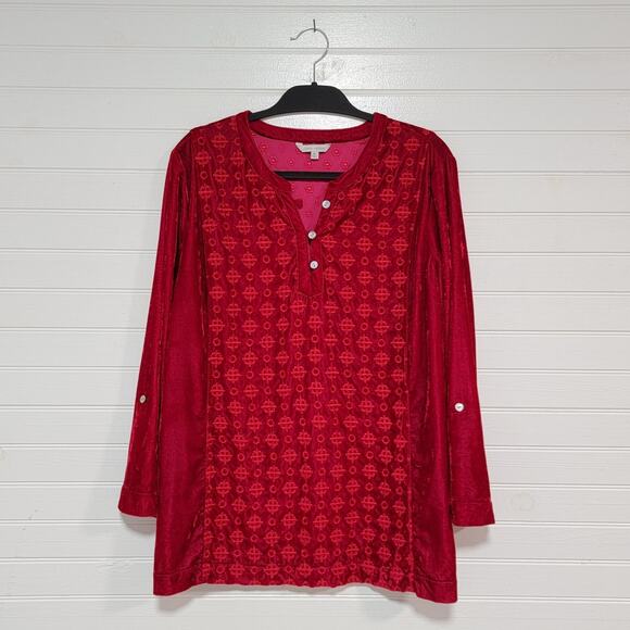 John Mark Velvet Embroidered Henley Top Size XL Boho Long Roll Tab Sleeves - Picture 1 of 7